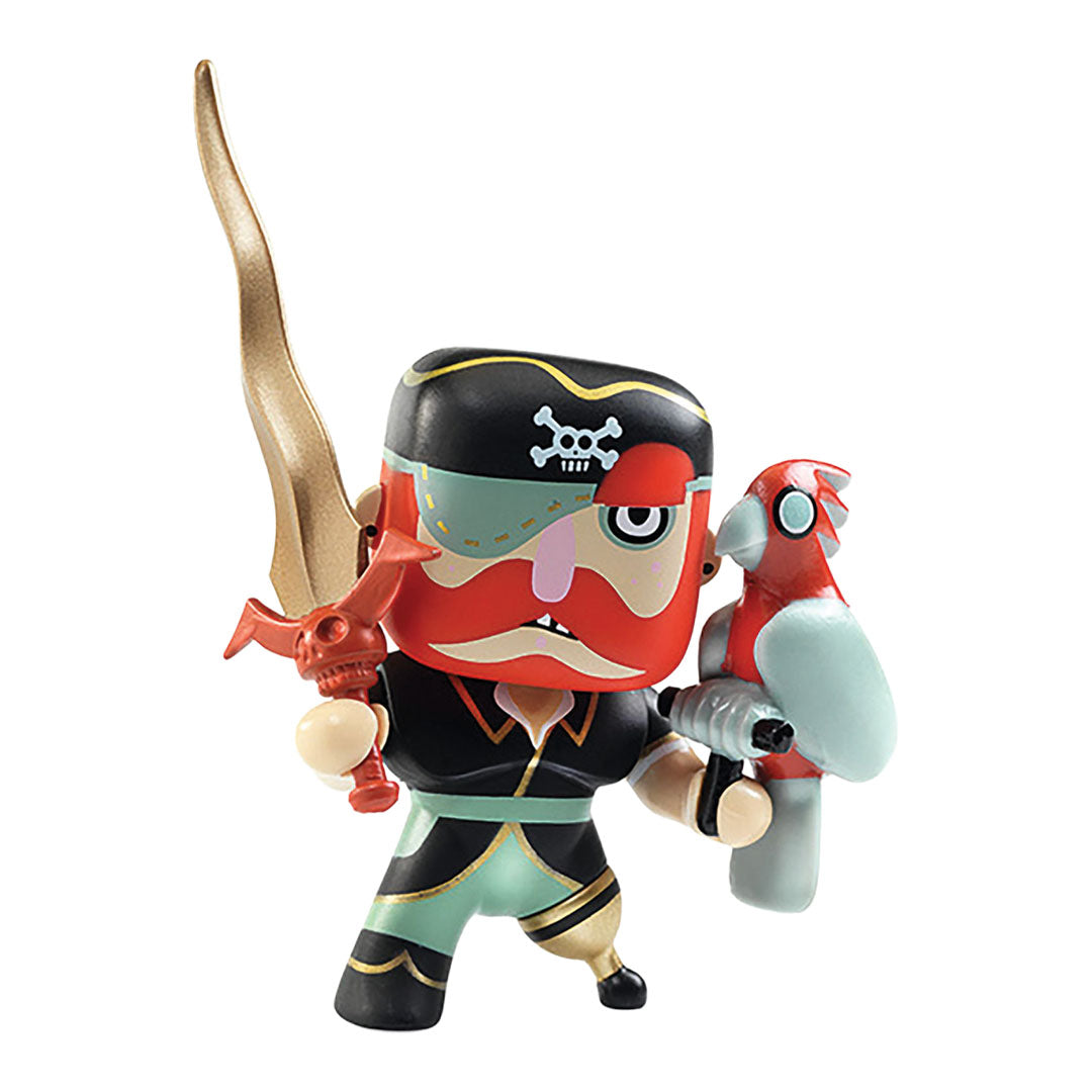 Djeco Arty Toys actiefiguur van een piraat met rood gezicht, zwaard en papegaai.