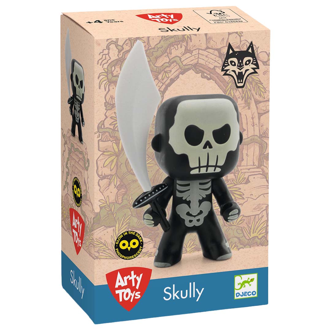 Djeco Arty Toys Skully actiefiguur van een skelet naast de productverpakking.