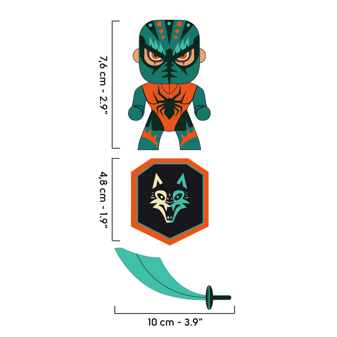 Infographic met de afmetingen van het Djeco Arty Toys Spider Knight actiefiguur, schild en zwaard.