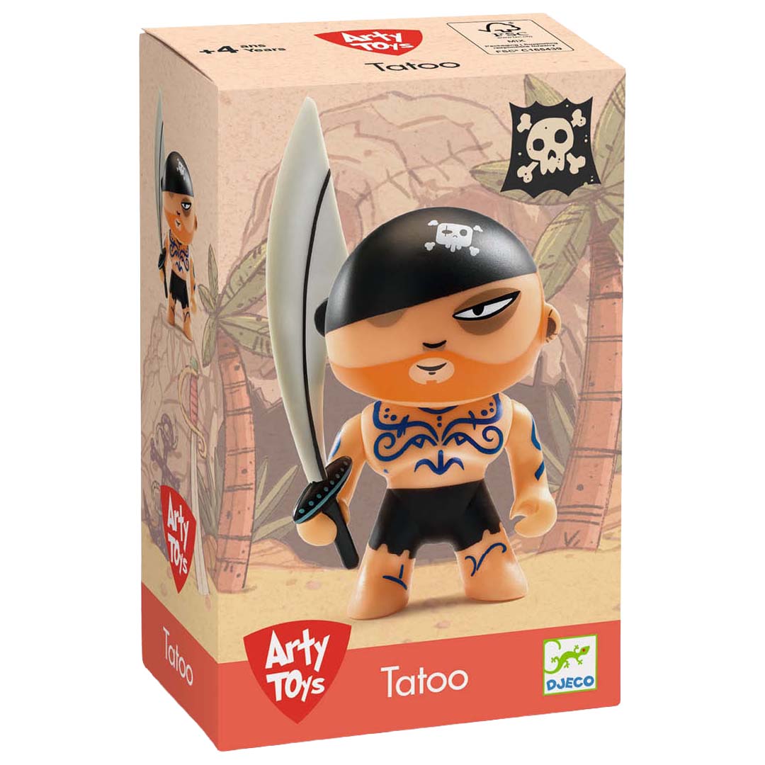 De verpakking van de Djeco Arty Toys piraat actiefiguur.