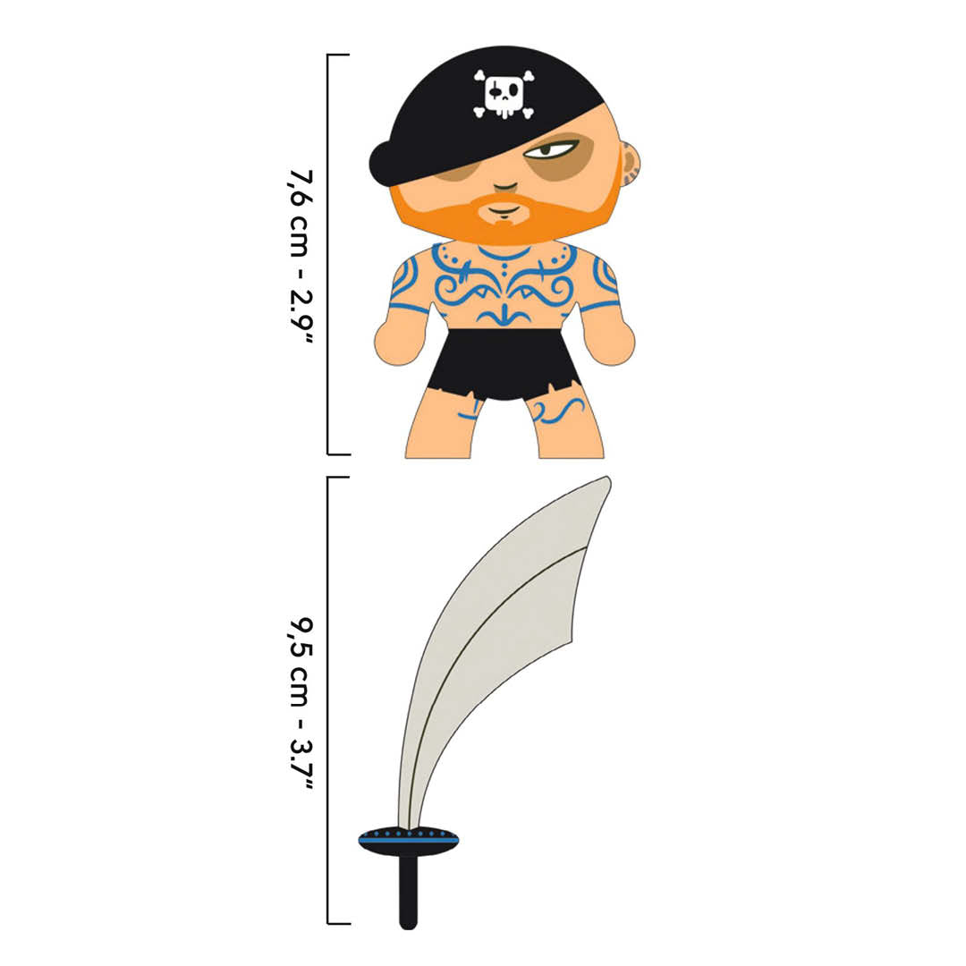 Infographic met de afmetingen van de Djeco Arty Toys piraat actiefiguur en zijn zwaard.