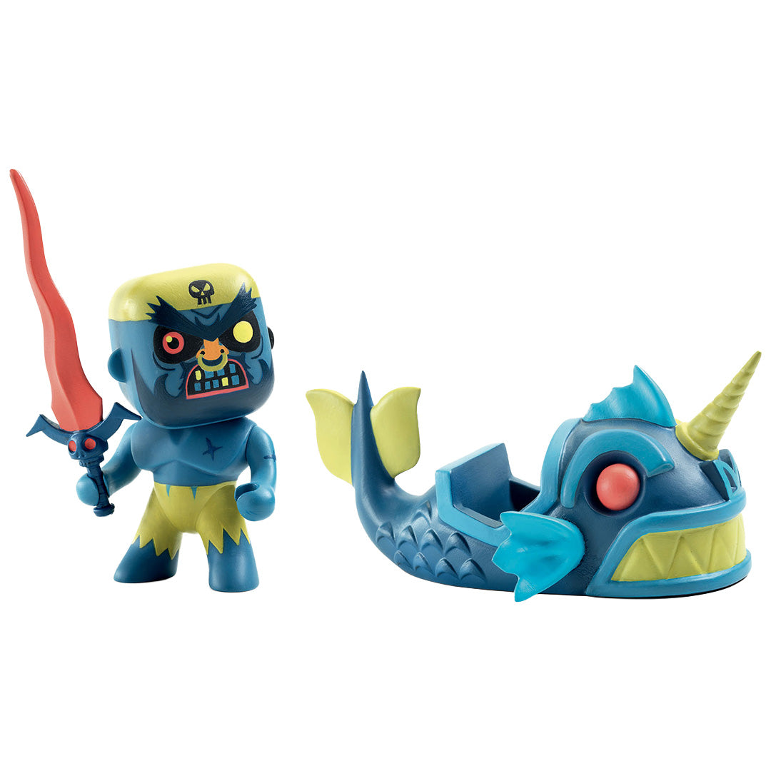 Djeco Arty Toys actiefiguur van een blauw monster met zwaard en een los blauw visschip.