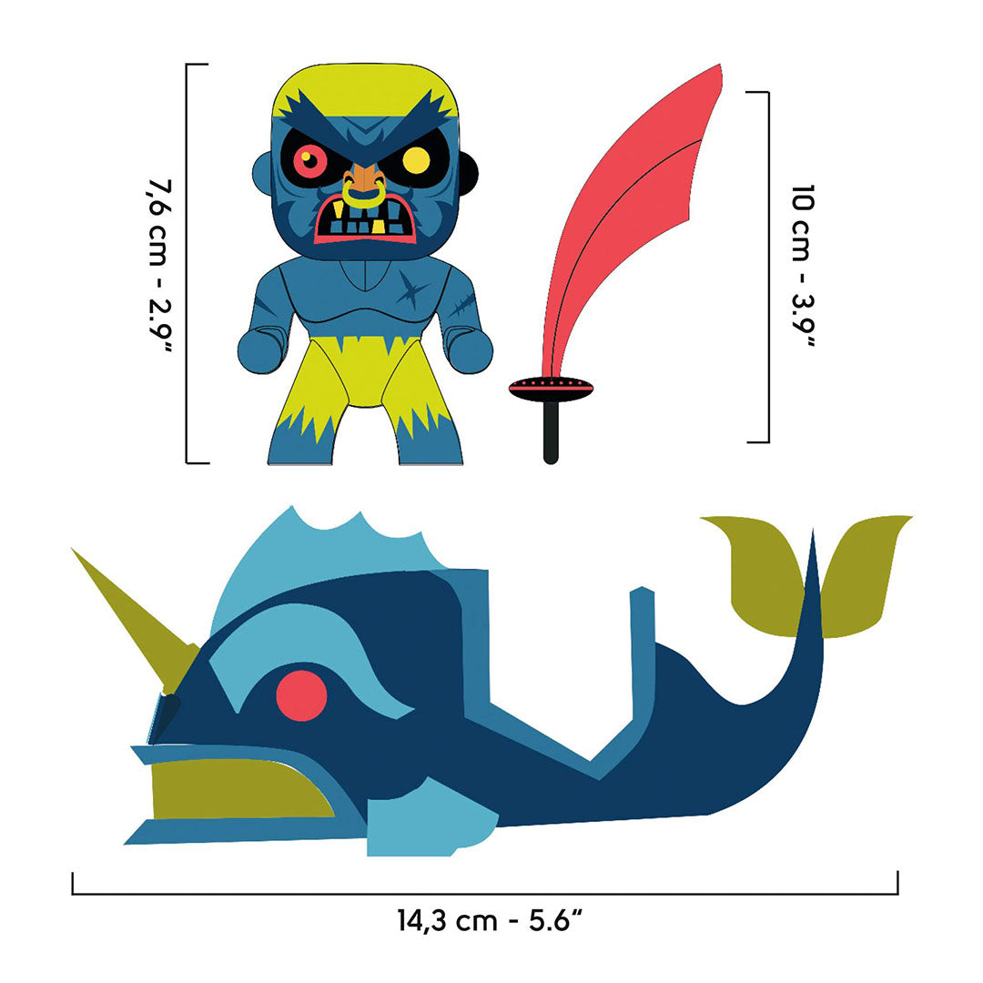 Infographic met de afmetingen van de Djeco Arty Toys actiefiguur en het visschip.
