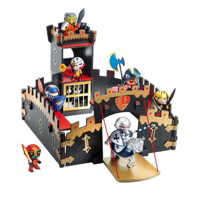 Djeco Arty Toys Ze Black Castle kasteelspeelset met ridders en een ophaalbrug.