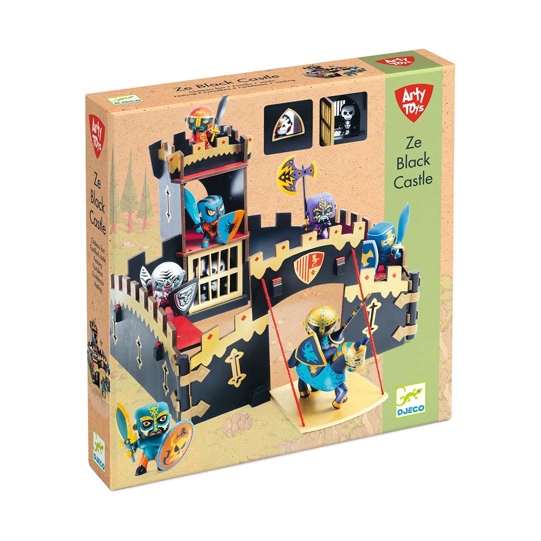De verpakking van de Djeco Arty Toys Ze Black Castle kasteelspeelset.