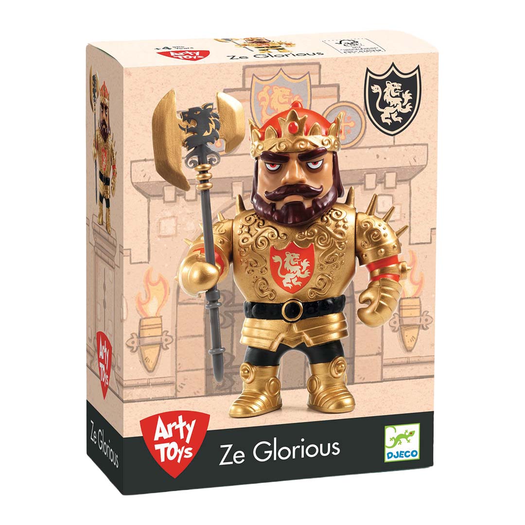 De verpakking van het Djeco Arty Toys actiefiguur van een gouden koning met bijl.