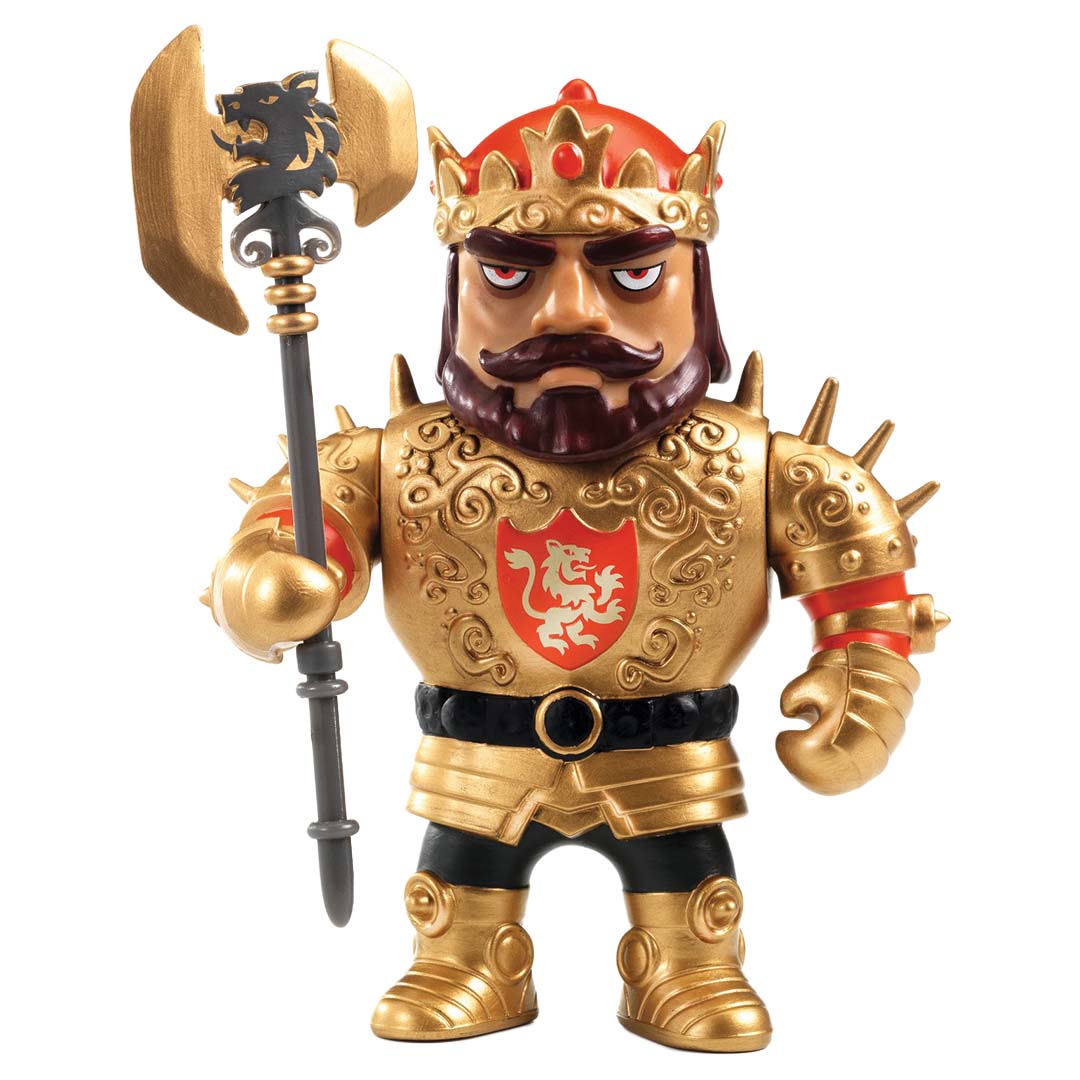 Djeco Arty Toys actiefiguur van een gouden koning met kroon en bijl.