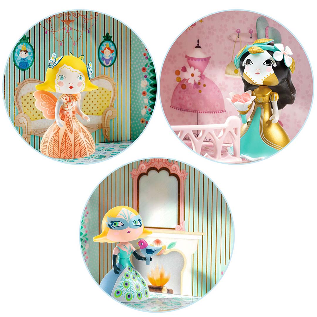 Drie ronde detailopnames van Djeco Arty Toys poppen in verschillende speelscènes.