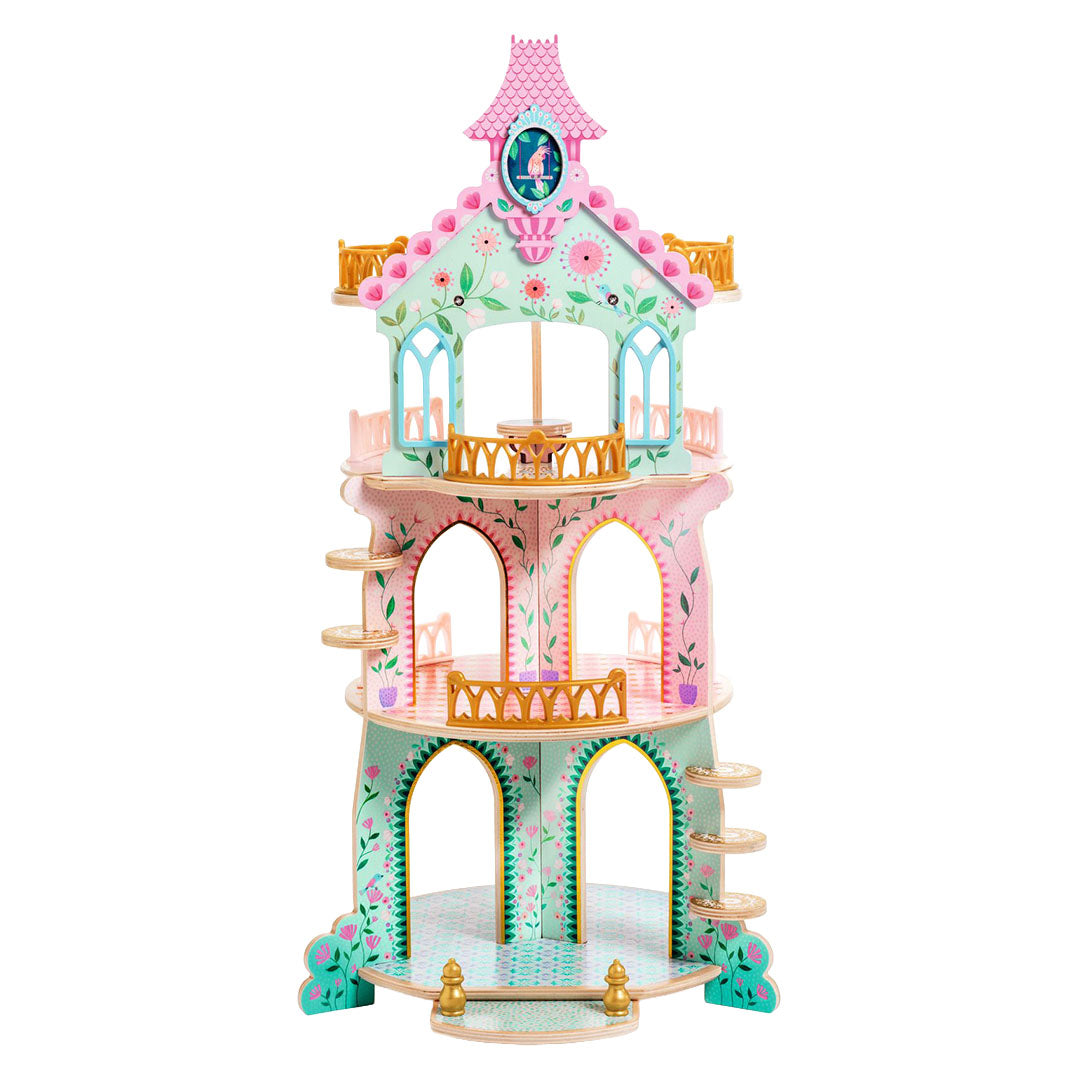 Djeco houten prinsessen poppenhuis toren met roze en mintgroene verdiepingen en bloemmotieven.