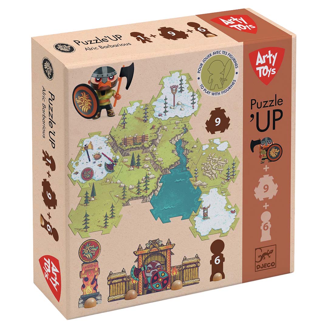 Djeco Arty Toys Puzzle'Up Alric Barbarious vloerpuzzel verpakking met afbeeldingen van de puzzelstukken en figuren.