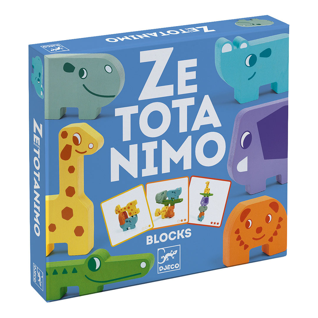 Djeco Ze Totanimo balansspel verpakking met houten dierenblokken en opdrachtkaarten.