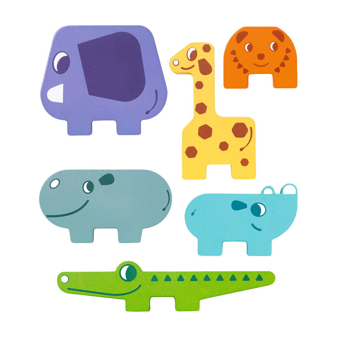 De zes losse houten dierenblokken van het Djeco balansspel, waaronder een olifant, giraffe en krokodil.