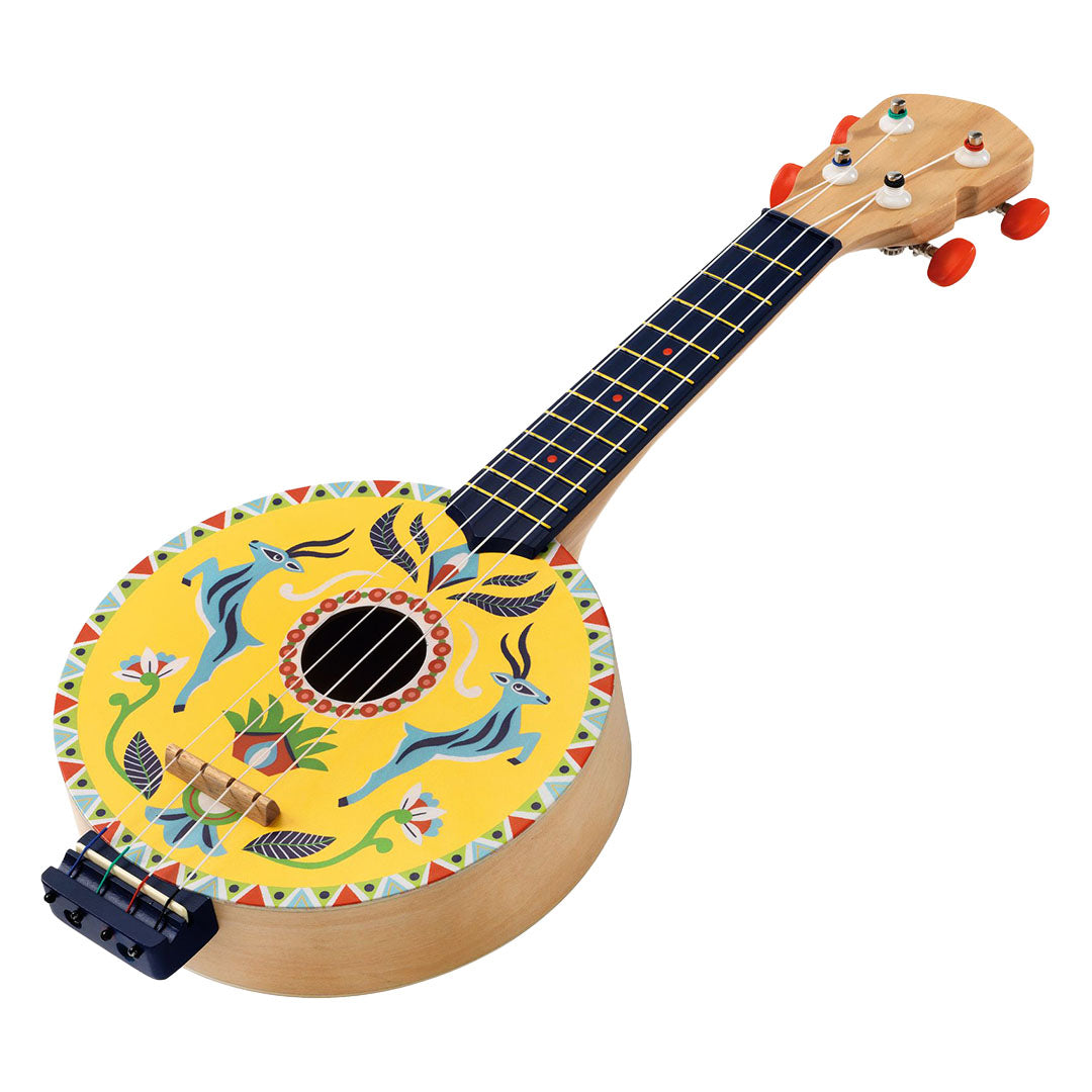 Djeco houten speelgoedbanjo met gele body, blauwe herten- en bloempatronen en een donkerblauwe hals.