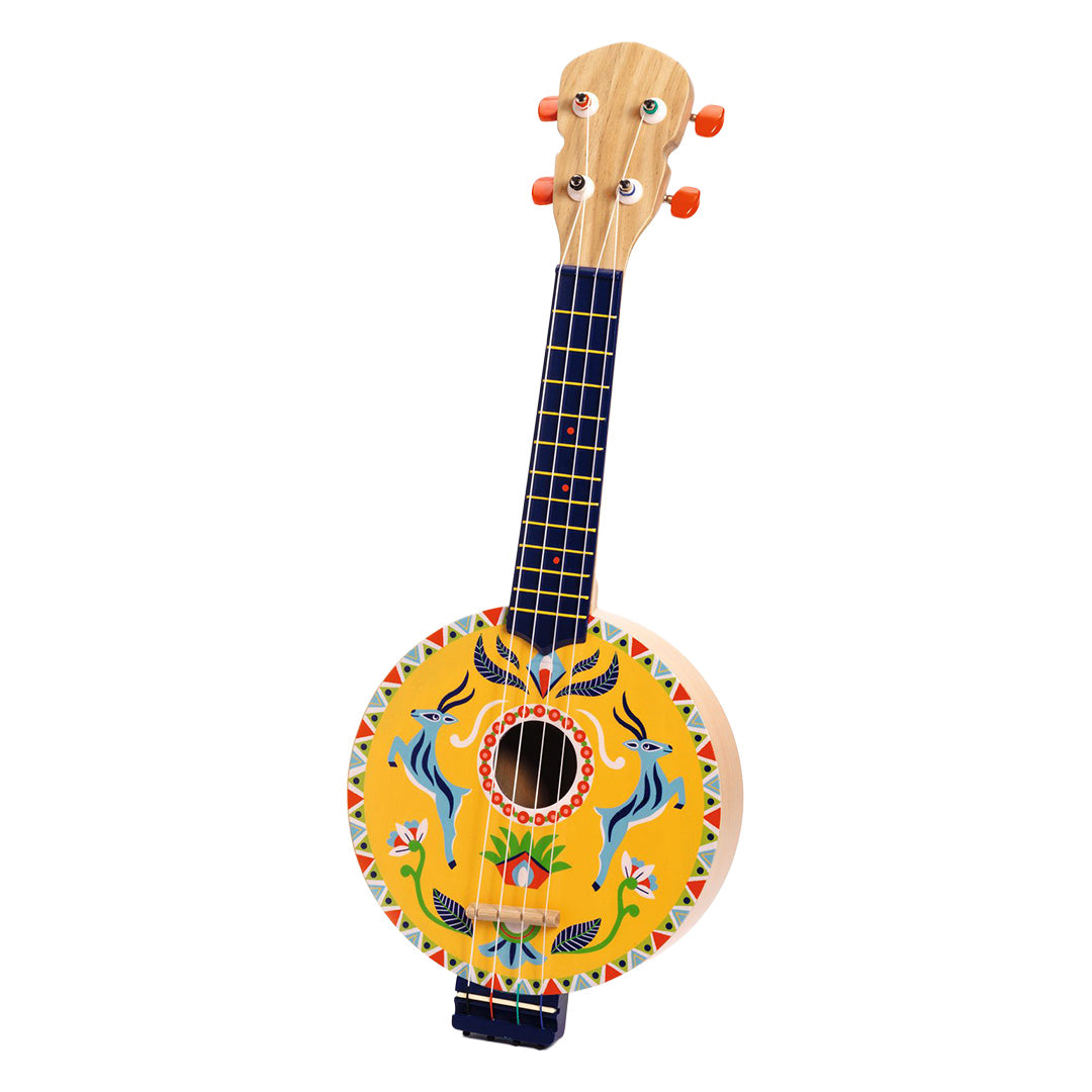 Djeco houten speelgoedbanjo met gele body en blauwe herten- en bloempatronen.