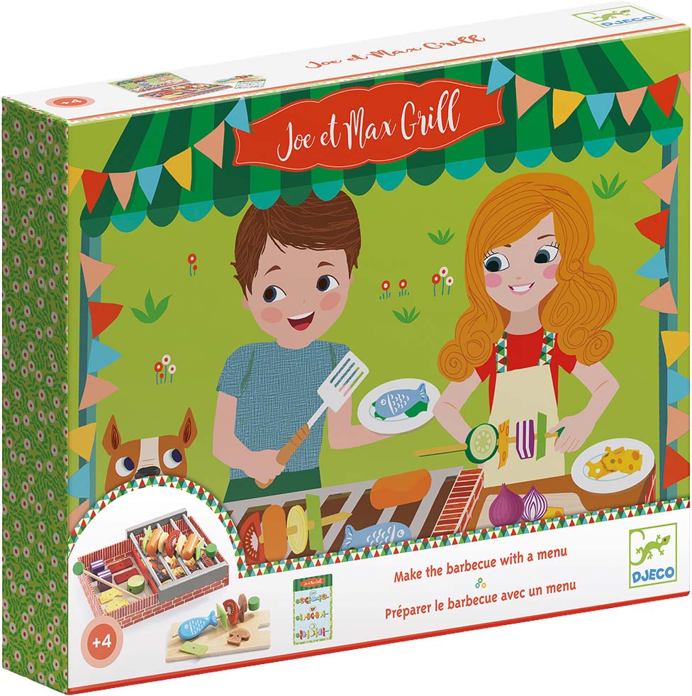 Verpakking van de Djeco barbecue speelset met een illustratie van kinderen die barbecueën.