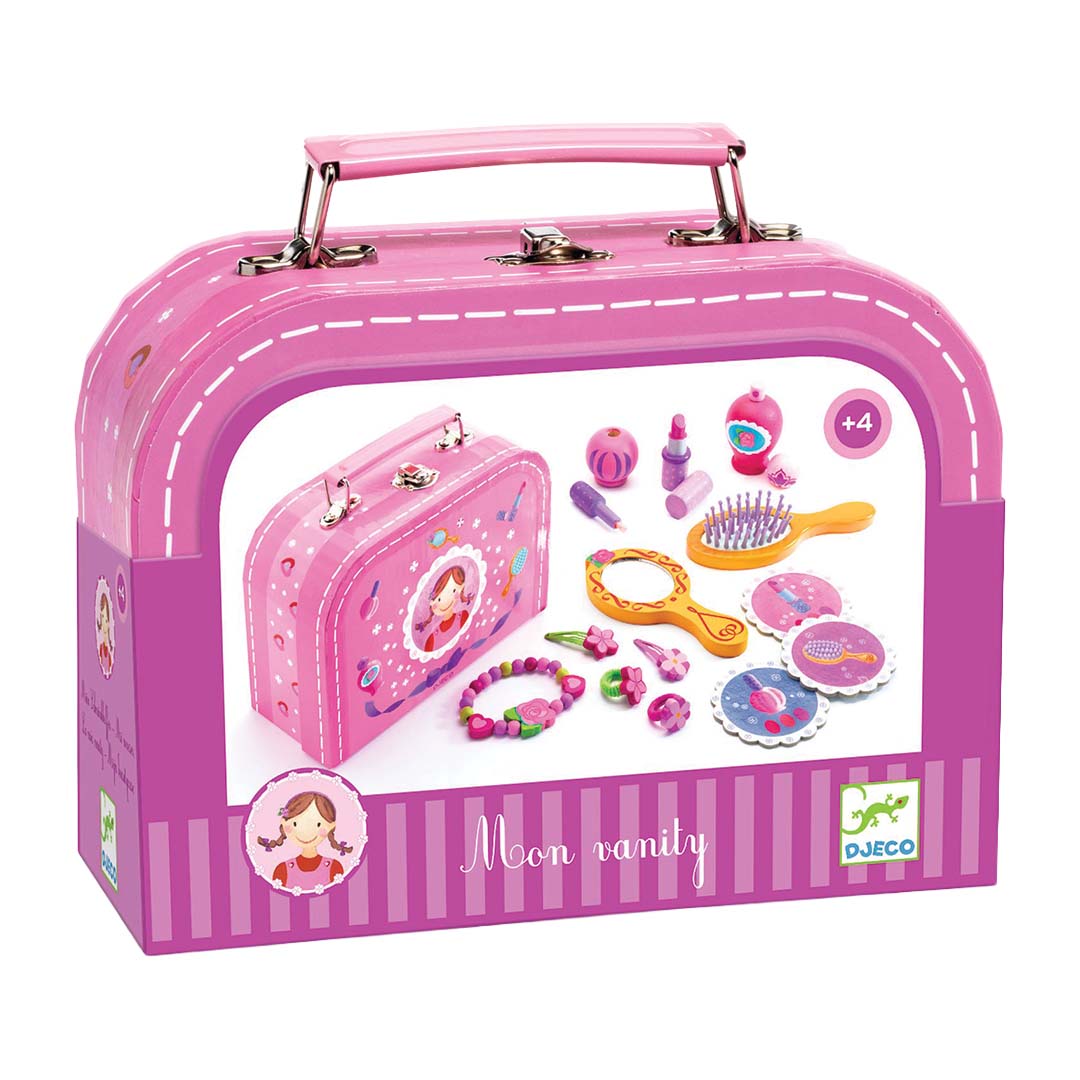 Verpakking van de Djeco houten speelgoed beautycase met een afbeelding van de inhoud.