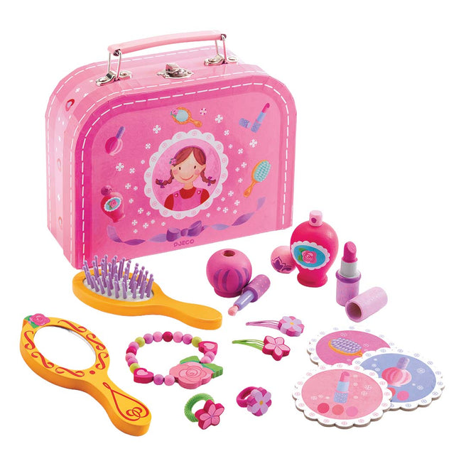 Djeco houten speelgoed beautycase met roze koffer en diverse make-up en sieraden accessoires.