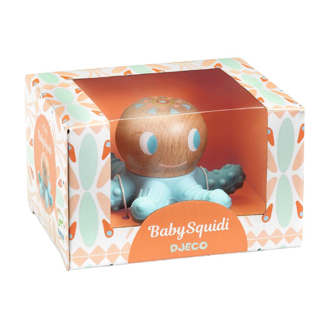 De Djeco bijtspeelgoed babyoctopus in de productverpakking met venster en geometrisch patroon.