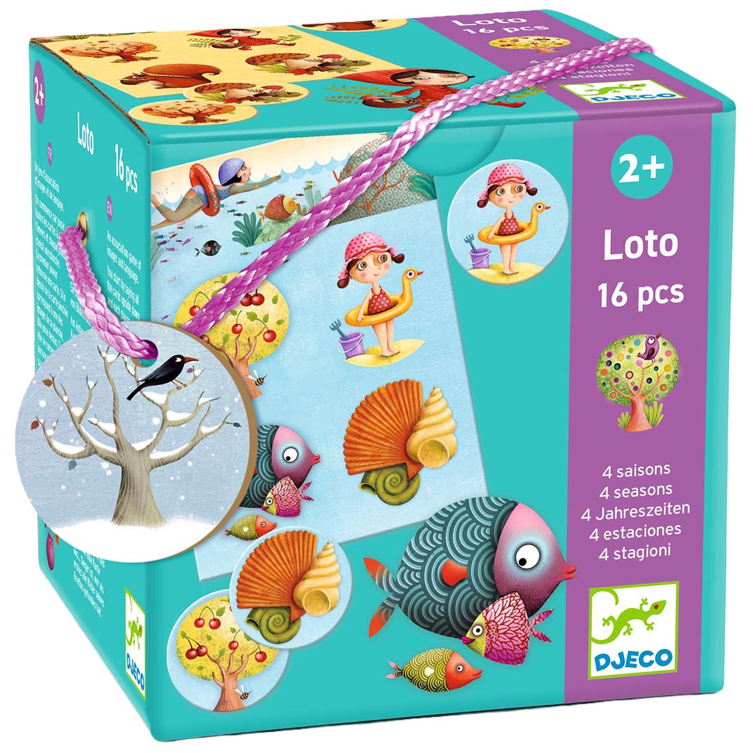 Djeco bingo de vier seizoenen spelverpakking met illustraties van de seizoenen en een wintertag.