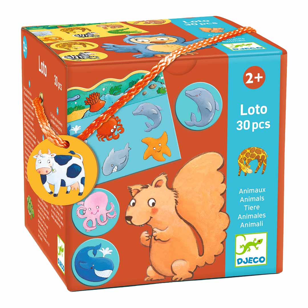 Djeco bingospel dieren verpakking met illustraties van een eekhoorn en diverse dieren.