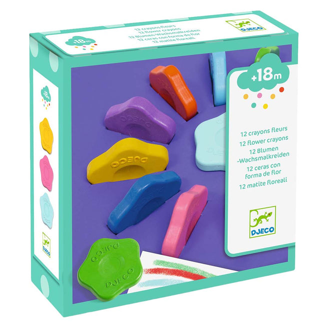 Djeco verpakking van 12 bloemenkrijtjes in diverse kleuren.