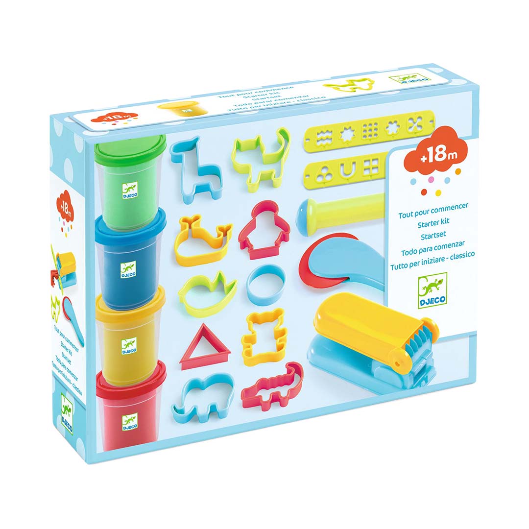 Djeco boetseerklei starterkit in de verpakking, met 4 potjes klei en diverse accessoires.