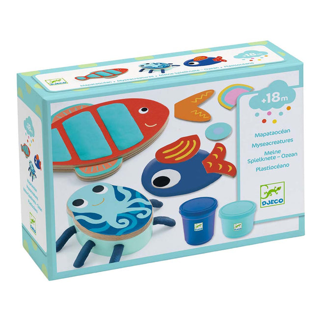 Djeco boetseerklei set met zeedieren in de verpakking, geschikt voor kinderen vanaf 18 maanden.