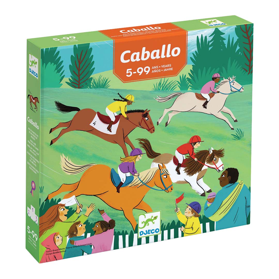 Djeco Caballo bordspelverpakking met illustratie van een paardenrace.