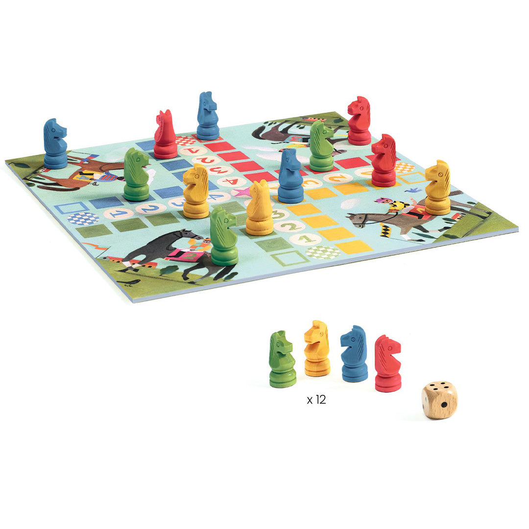 Djeco junior bordspel met paardenrace-thema, houten paardenpionnen en een dobbelsteen.