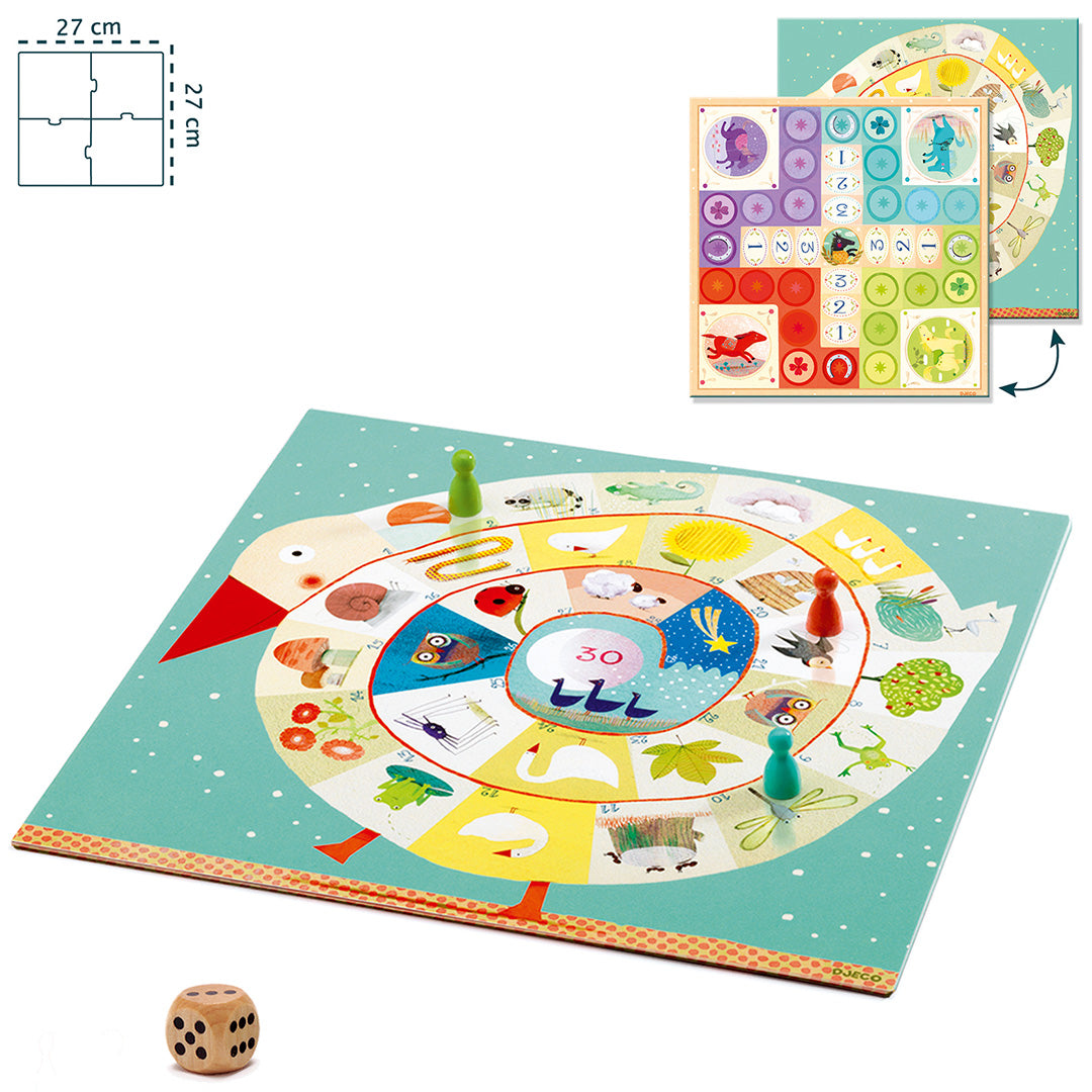 Djeco Ludo & Co Junior bordspel met gans-thema, speelstukken en dobbelsteen, en een kleinere afbeelding van een ander spel.