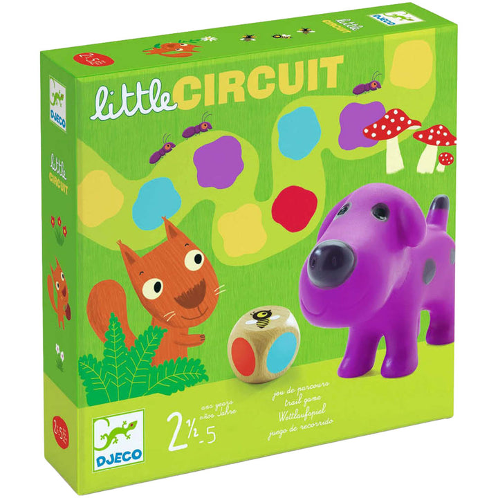 De verpakking van het Djeco bordspel Little Circuit met een eekhoorn, paarse hond en speelbord.