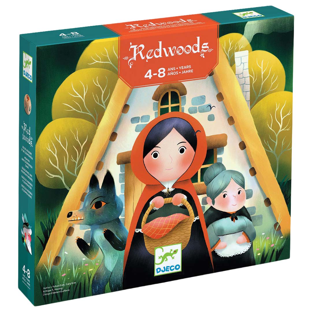 Djeco bordspel Redwoods verpakking met illustratie van Roodkapje, de wolf en een oude vrouw.