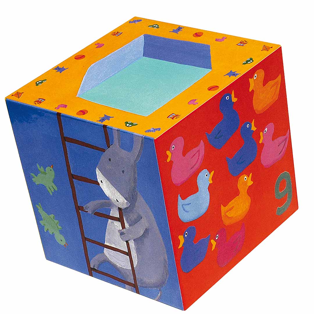 Detail van een Djeco stapelblok met een ezel op een ladder en negen eenden met het cijfer 9.