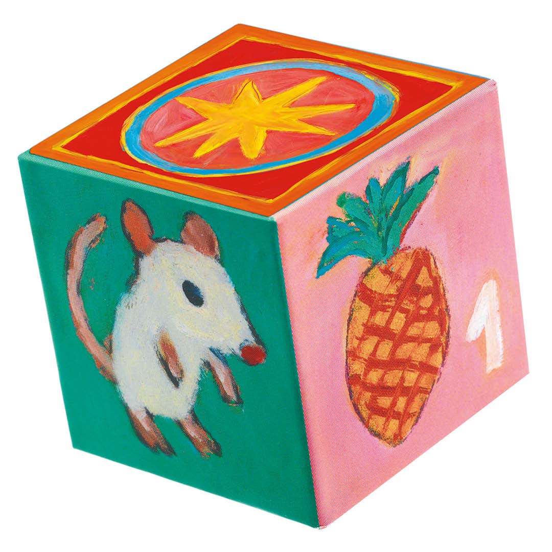 Een Djeco stapelblok met een afbeelding van een muis, een ananas en het cijfer 1.