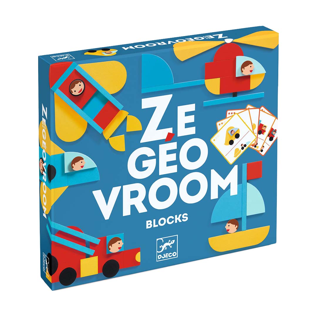 Djeco Ze Geo Vroom houten bouwset verpakking met geometrische voertuigen.