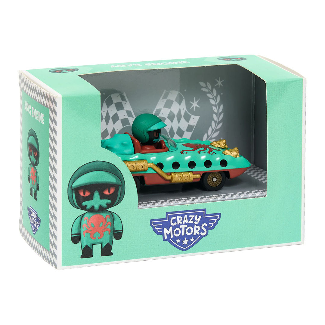 Verpakking van de Djeco Crazy Motors speelgoedauto 'Abys Engine' met zichtvenster.