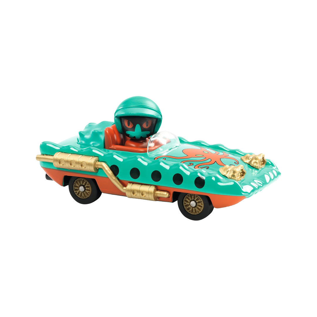 Djeco Crazy Motors speelgoedauto 'Abys Engine' in groen en oranje met octopusmotief en bestuurder.