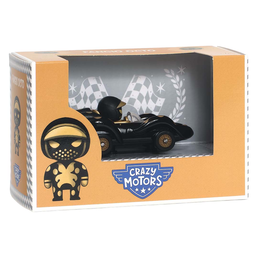 Verpakking van de Djeco Crazy Motors Fangio Octo speelgoedauto, met de auto zichtbaar in de doos.