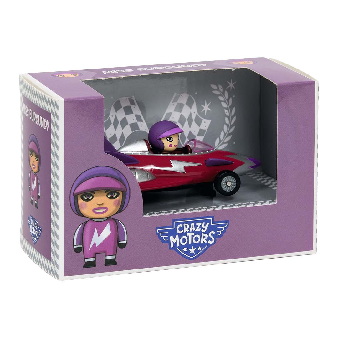 De verpakking van de Djeco Crazy Motors speelgoed raceauto Miss Burgundy, met de auto zichtbaar door een venster.