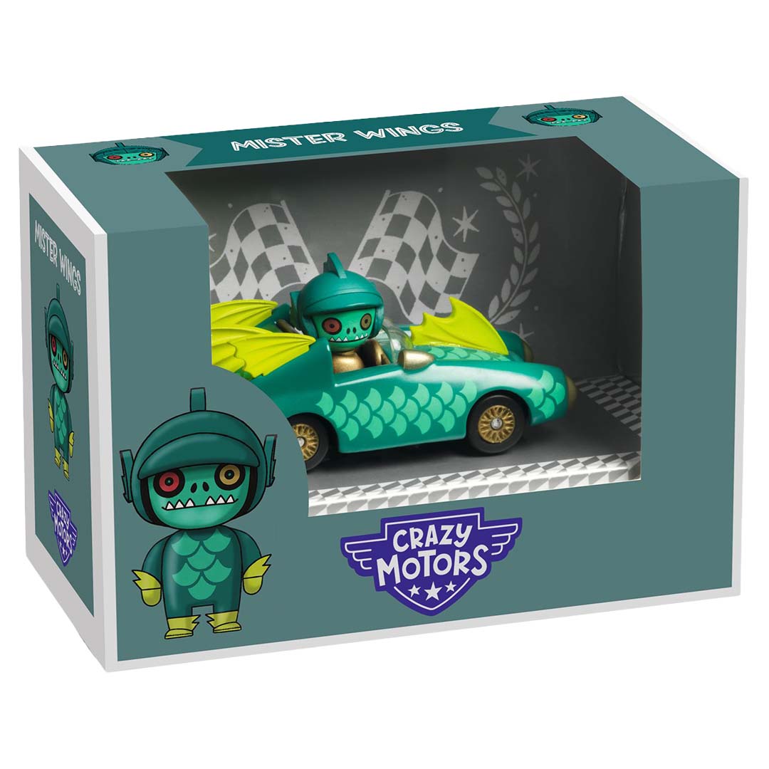 De verpakking van de Djeco Crazy Motors speelgoedauto 'Mister Wings'.