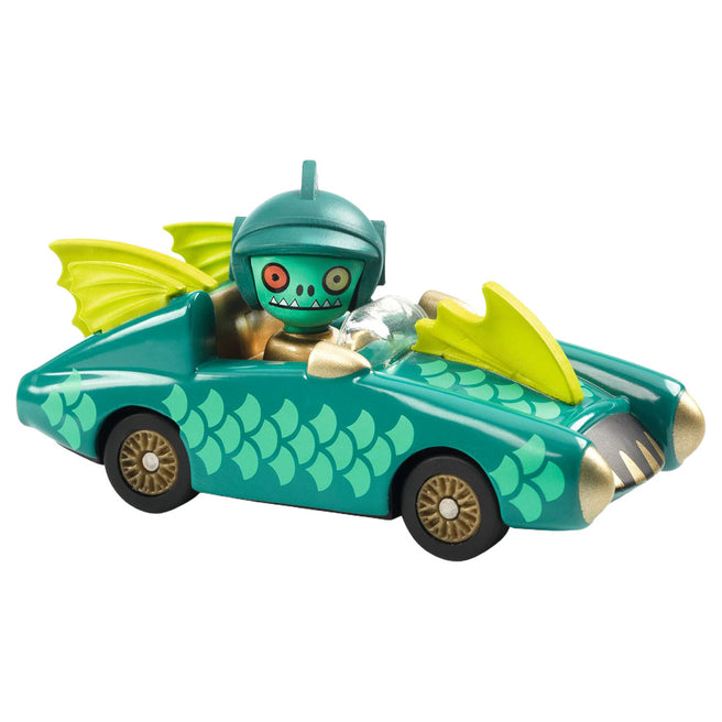 Djeco Crazy Motors speelgoedauto 'Mister Wings' met groene monsterrijder en schubbenpatroon.
