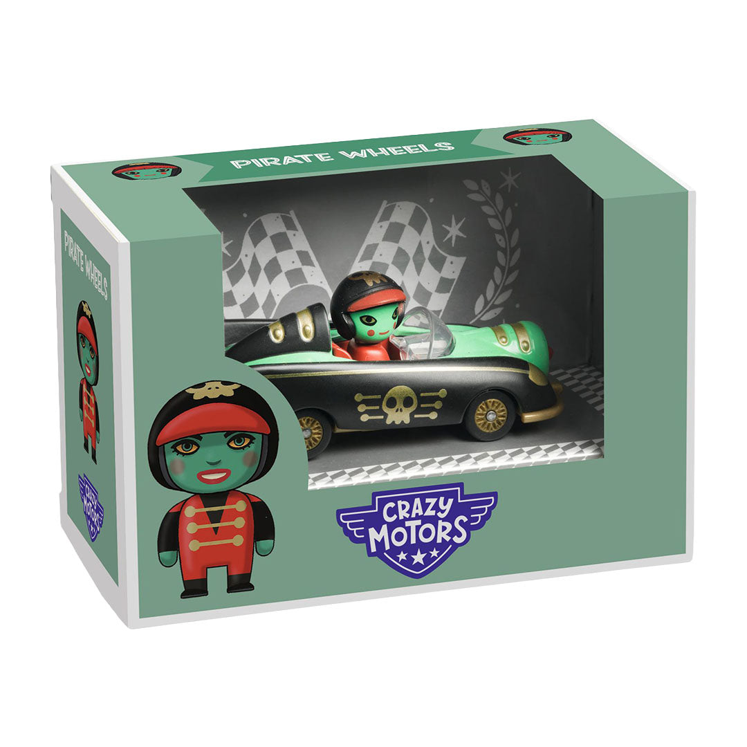 De verpakking van de Djeco Crazy Motors speelgoedauto 'Pirate Wheels' met de auto zichtbaar in de doos.