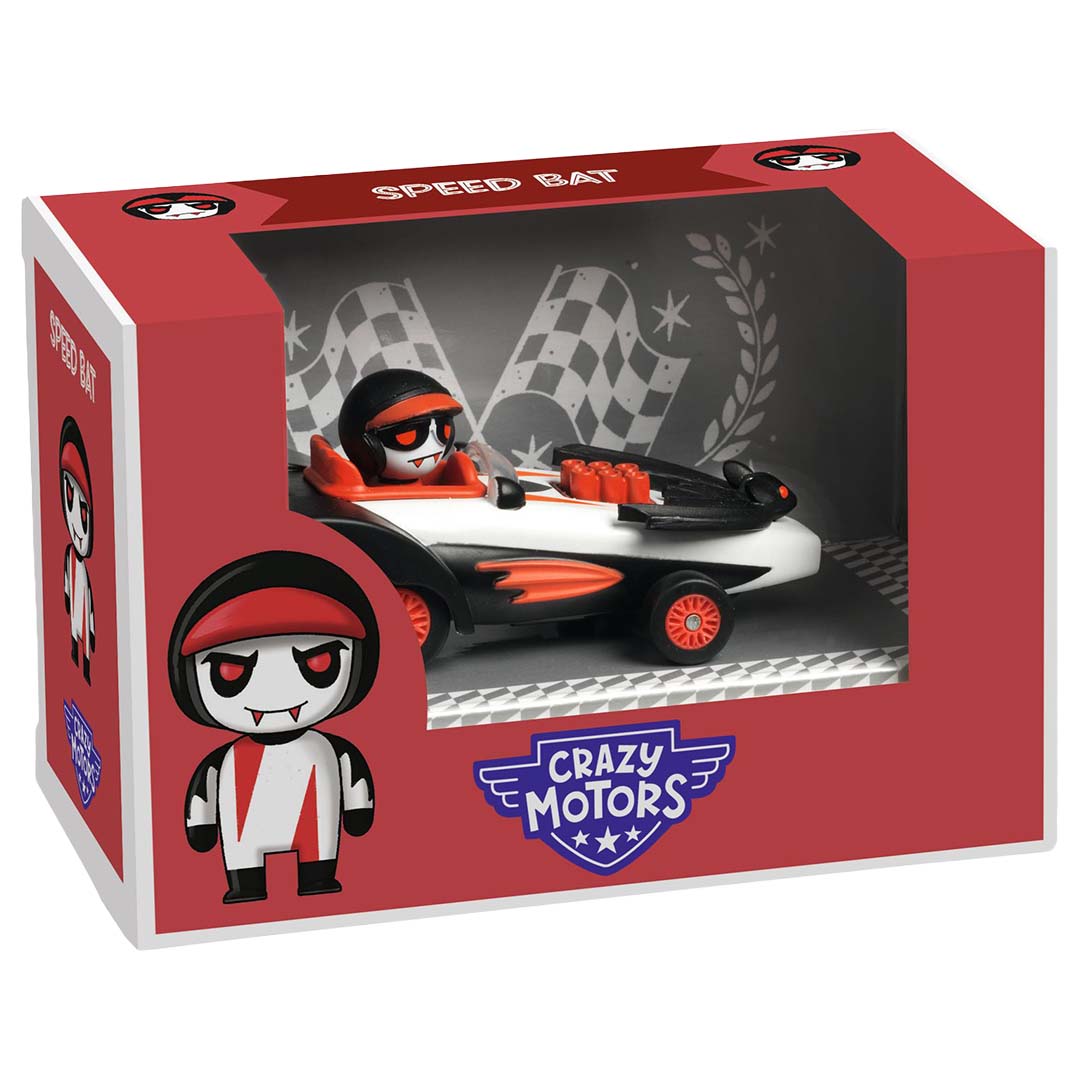 De Djeco Crazy Motors speelgoedauto 'Speed Bat' in de rode verpakking met een afbeelding van de coureur.