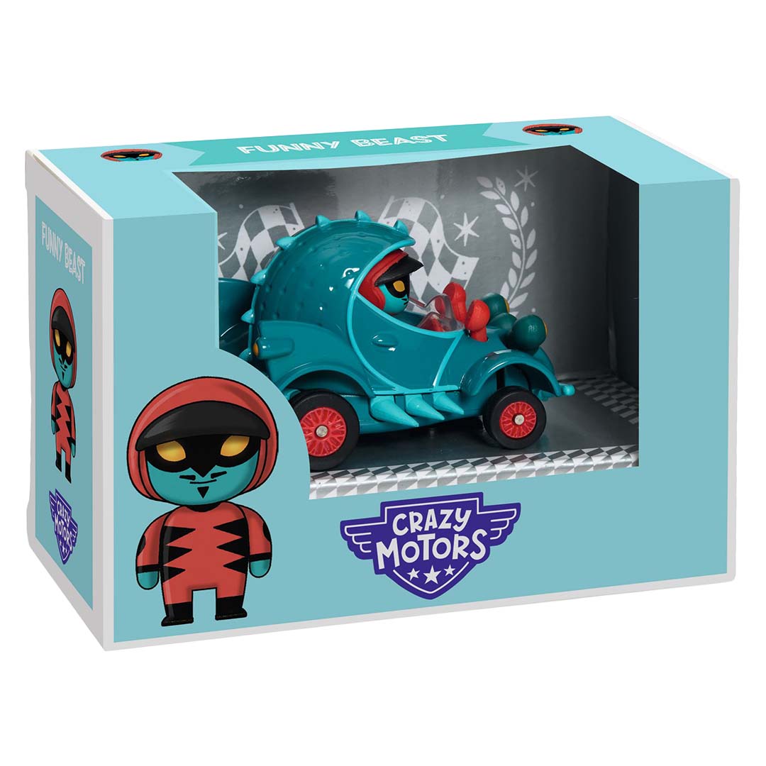 De verpakking van de Djeco Crazy Motors Funny Beast speelgoedauto, met de blauwe auto zichtbaar.