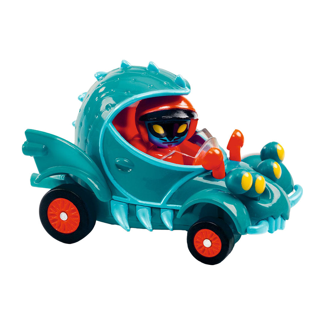 Djeco Crazy Motors Funny Beast speelgoedauto met een blauw, dierlijk ontwerp en een rood figuur.
