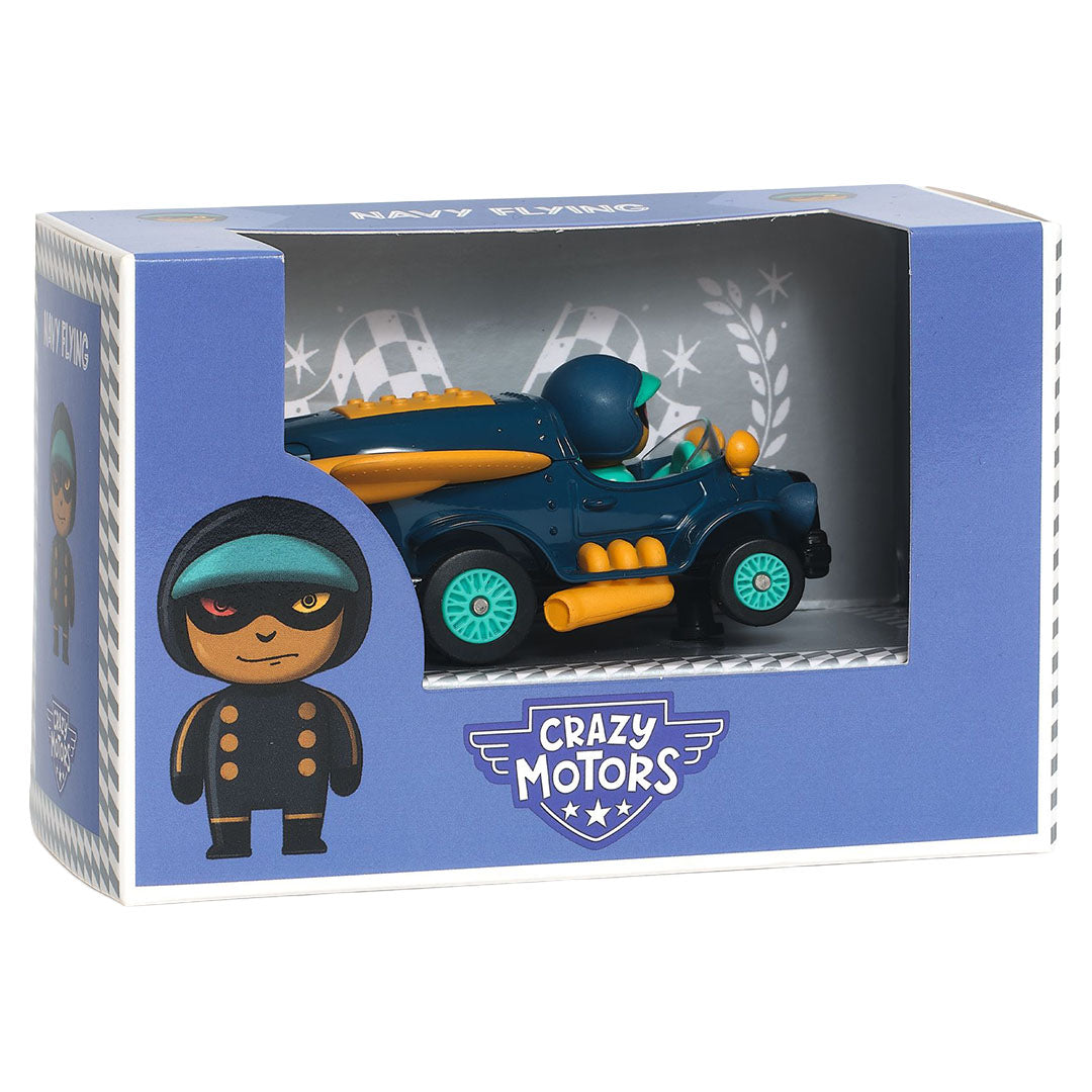 De verpakking van de Djeco Crazy Motors speelgoedauto 'Navy Flying' met de auto zichtbaar in de doos.