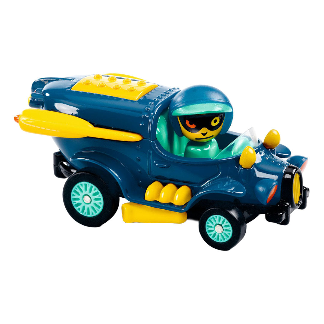 Djeco Crazy Motors speelgoedauto 'Navy Flying' in marineblauw met gele en groene details en een pilootfiguur.