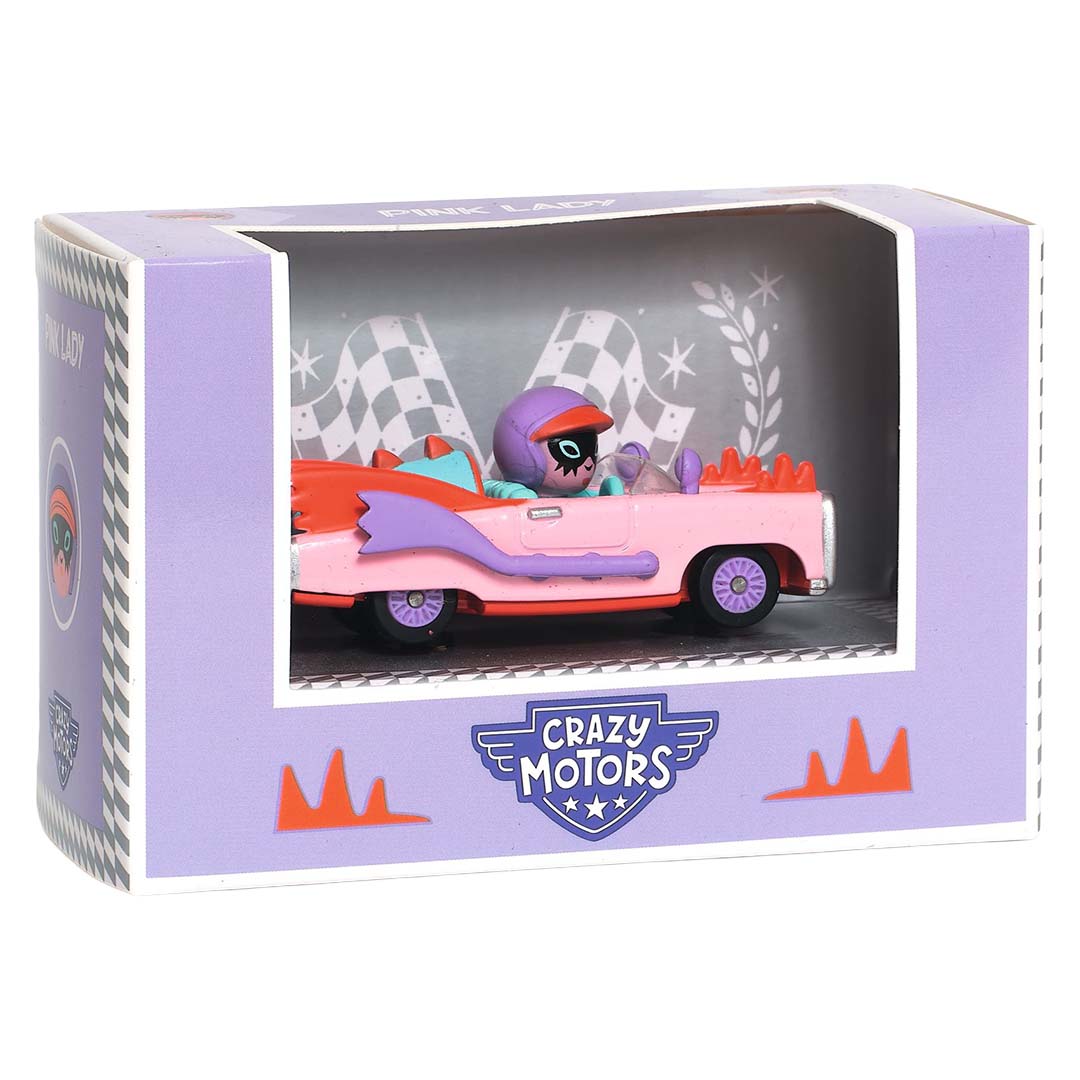 De Djeco speelgoedauto Pink Lady in de paarse verpakking met 'Crazy Motors' logo.