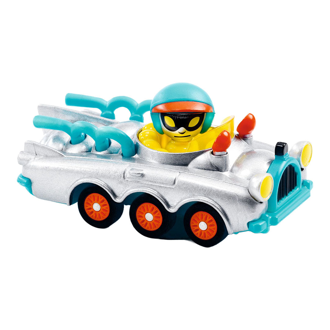 Djeco Crazy Motors speelgoedauto Roller Coaster met zilveren carrosserie en bestuurder.