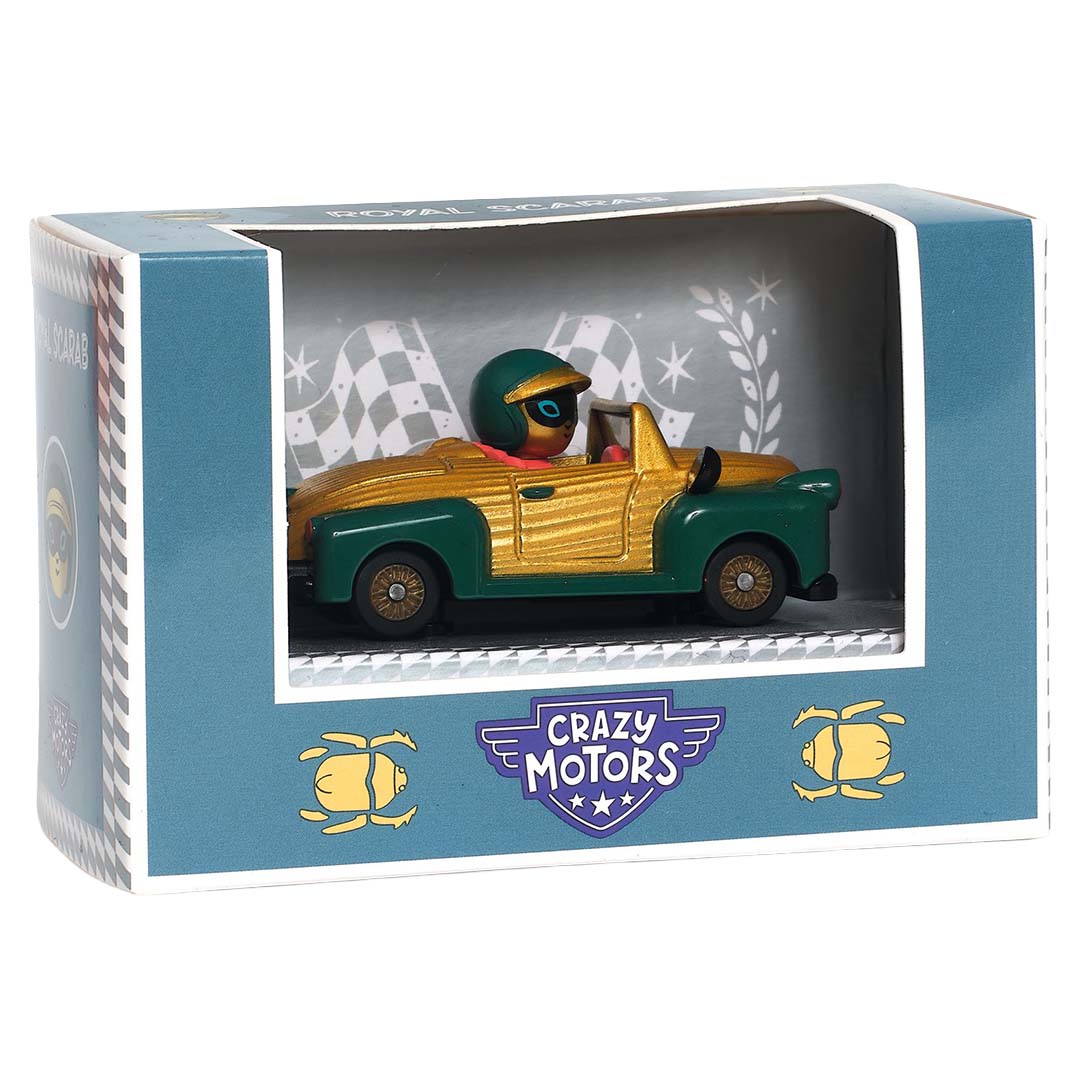 De Djeco Crazy Motors Royal Scarab speelgoedauto in zijn blauwe verpakking met venster.